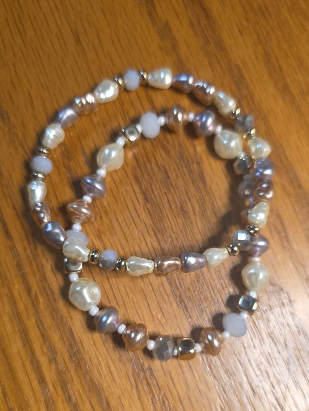 Handmade Pearl and Bead Stretch Bracelet Set - Champagne, Cream & Gray
